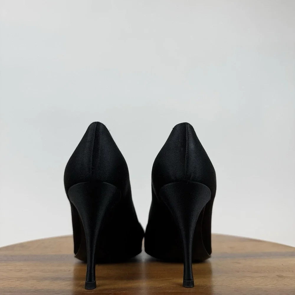 Womens Stuart Weitzman Black‎ Satin Rhinestone Bow Peep Toe Pumps Heels Size 7 M